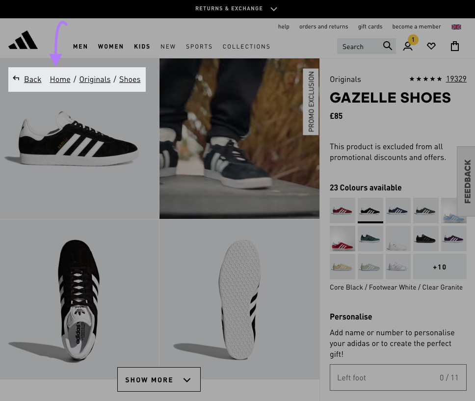"Back," "Home," "Originals," "Shoes" breadcrumb menu highlighted on Adidas product page