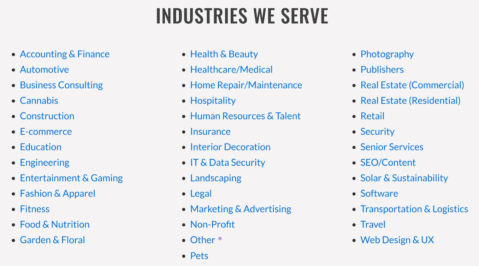 "Industries we serve" section on Verblio page