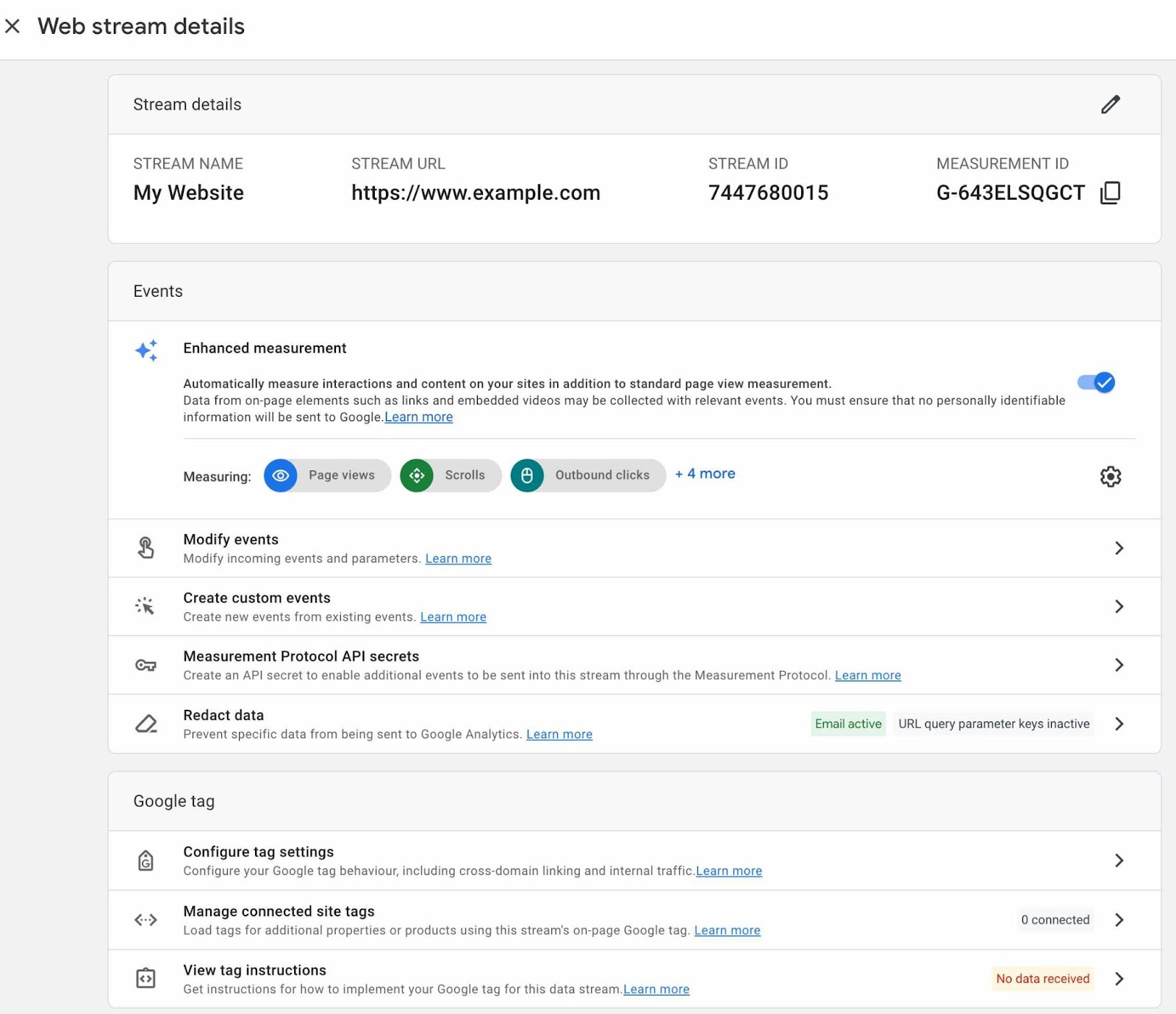 Web stream details on GA4 showing name, URL, stream and measurement IDs along with settings related to events and tags.