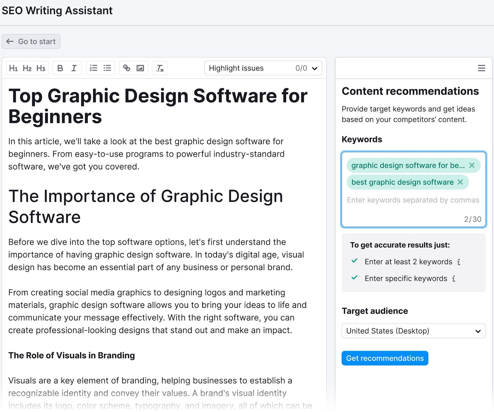 Semrush SEO Writing Assistant displaying a substance   nonfiction  connected  graphic plan  bundle   and a sheet  with contented  recommendations