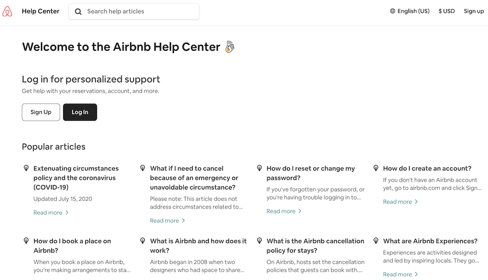Airbnb FAQ on their help center page