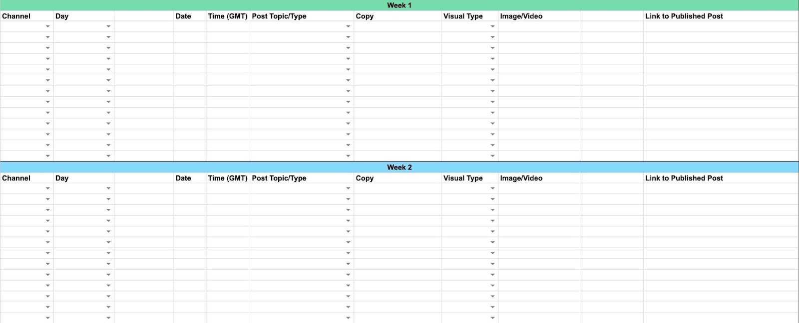 Blank social media content calendar with columns for channel, time, topic, copy, visual type, media, and link to the published post.