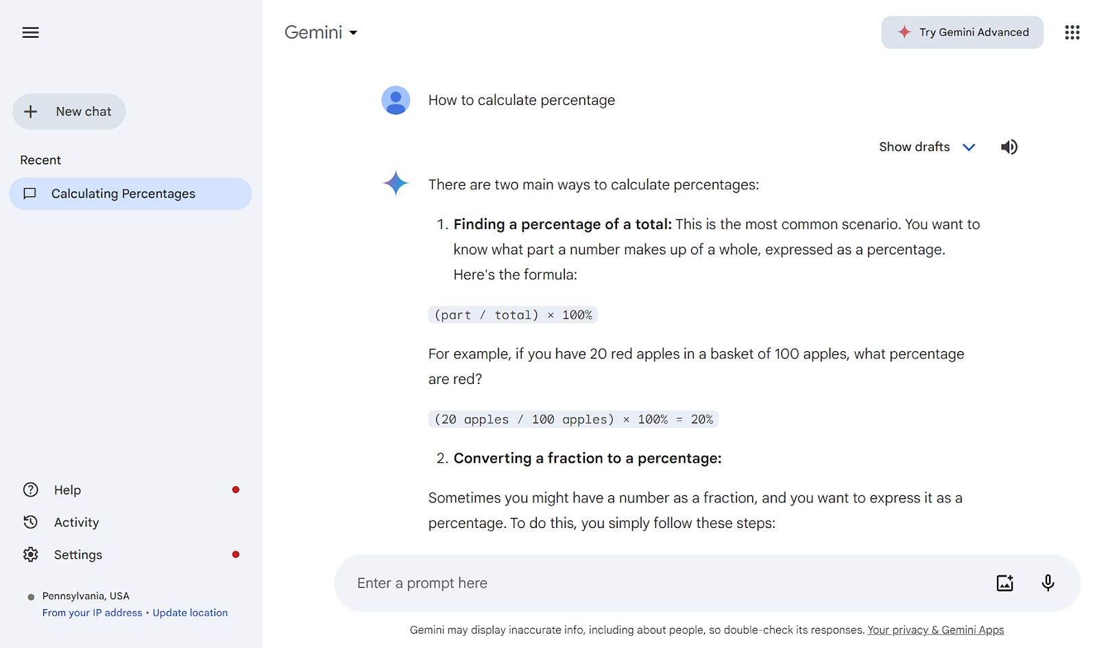 Google Gemini's reply  for the "How to cipher  percentage" prompt