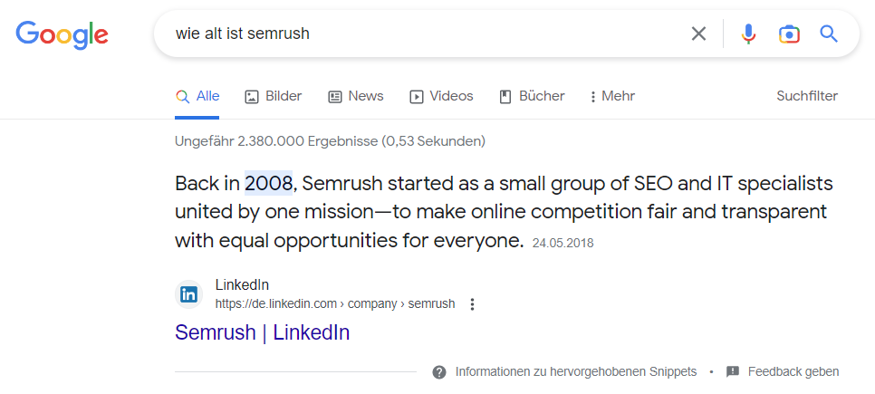 Google-Sofortantwort: Wie alt ist Semrush?