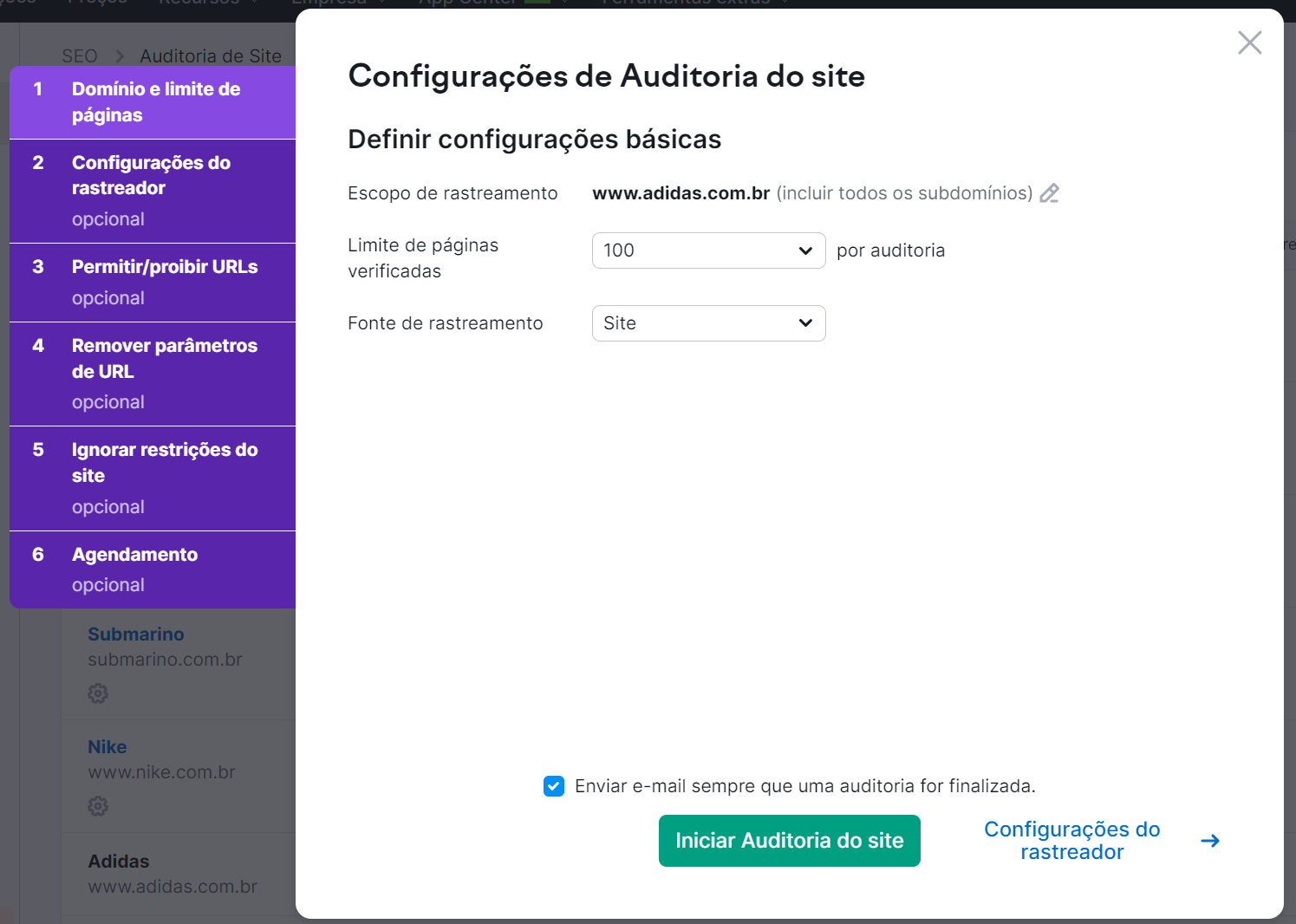 configurações de auditoria do sie