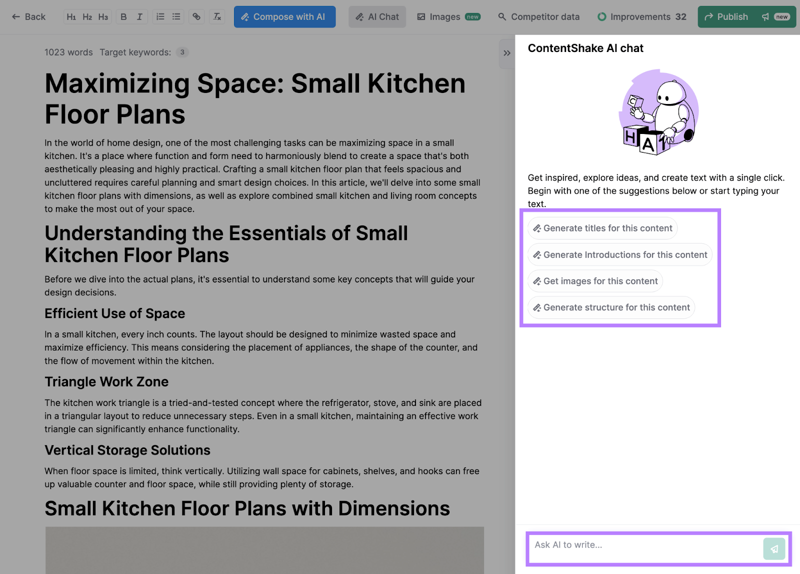 ContentShake AI chat window with prompts and input field highlighted