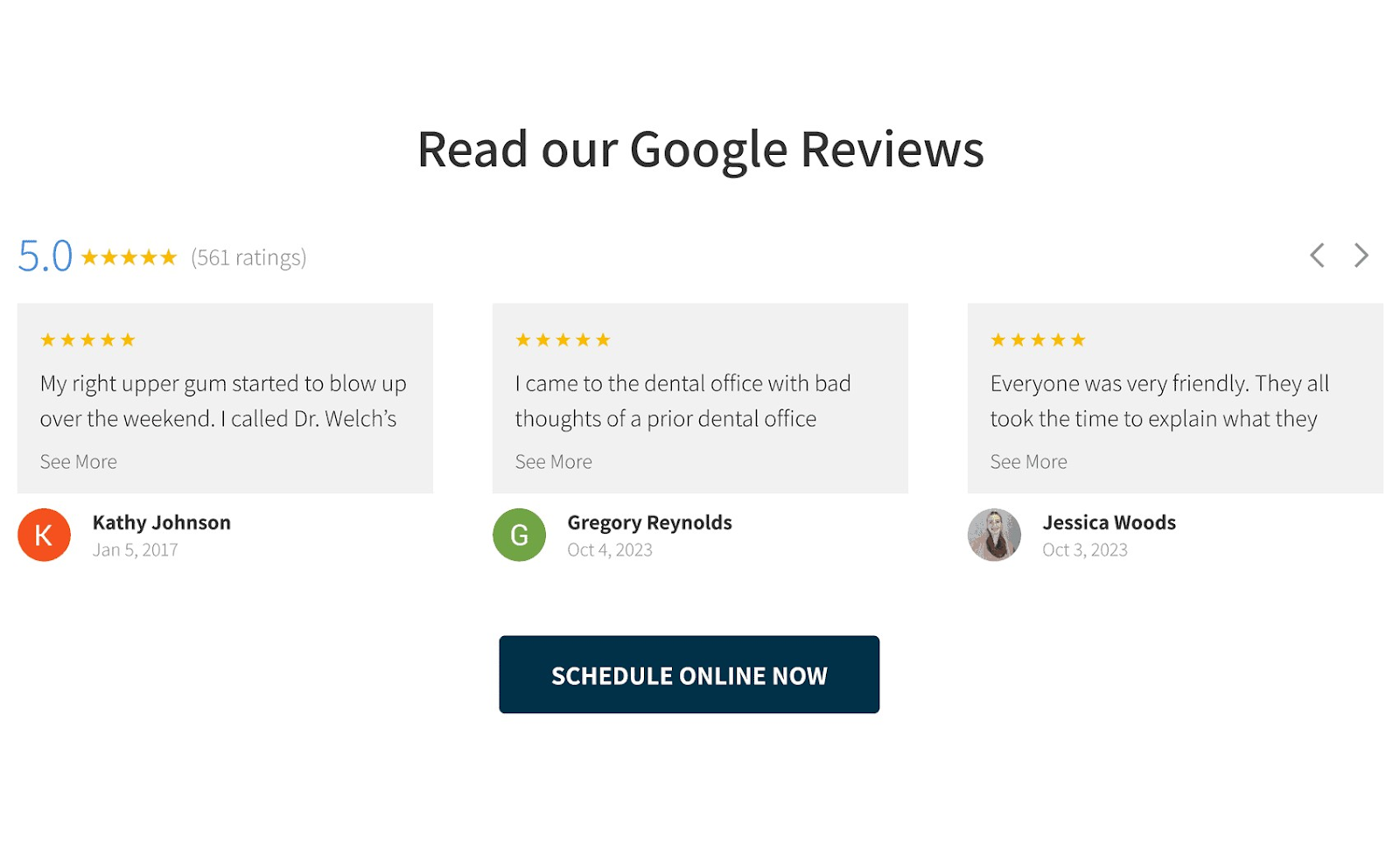 "Read our Google Reviews" section of Dallas Dental homepage