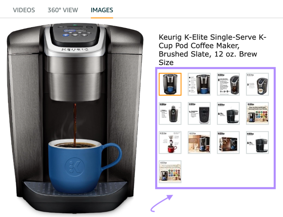 An example of coffee maker product listing on Amazon, with multiple images