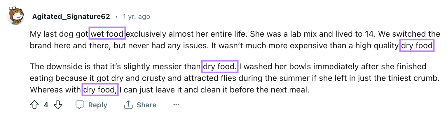 A subreddit with “dry food” and “wet food” keywords highlighted