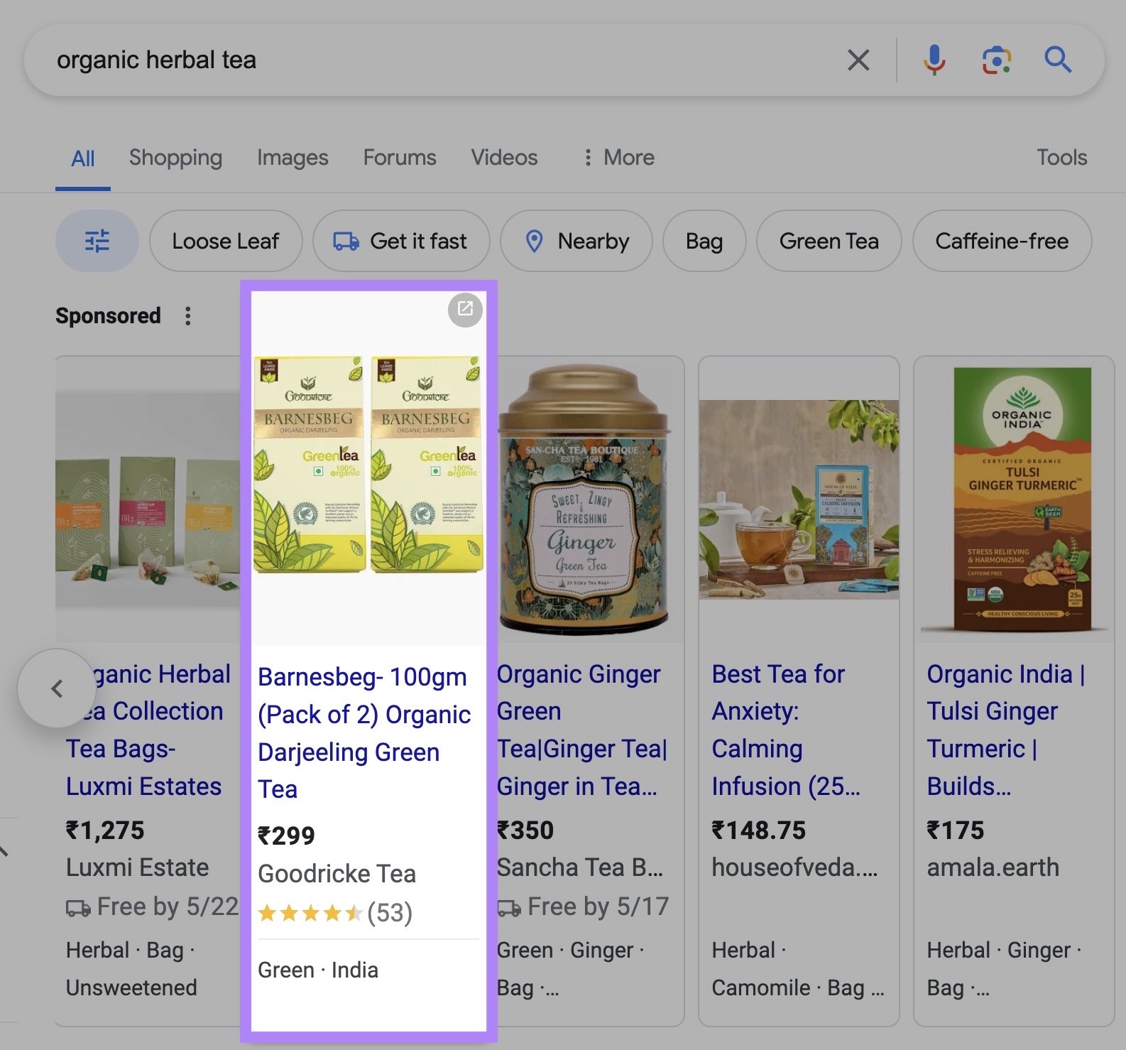Listing on Google SERP using schema markup to display information about the product like an image, price, and star rating.