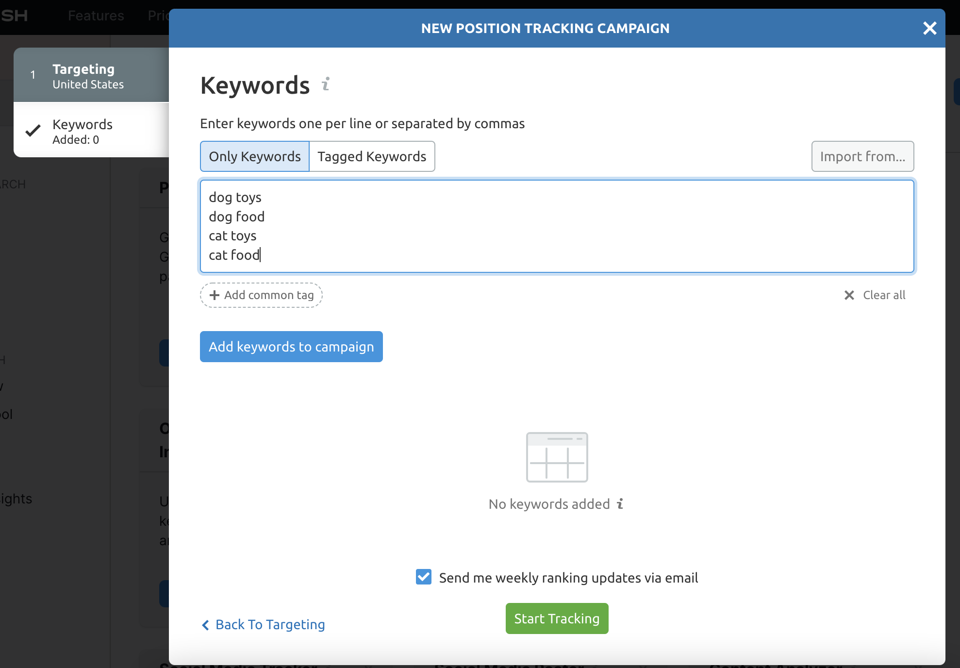 Adding keywords to Position Tracking campaign