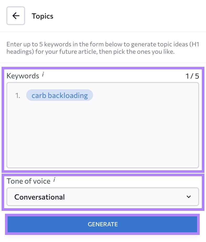 "Topics" menu on SE Ranking with a keyword entered, a tone of voice selected and "Generate" highlighted.