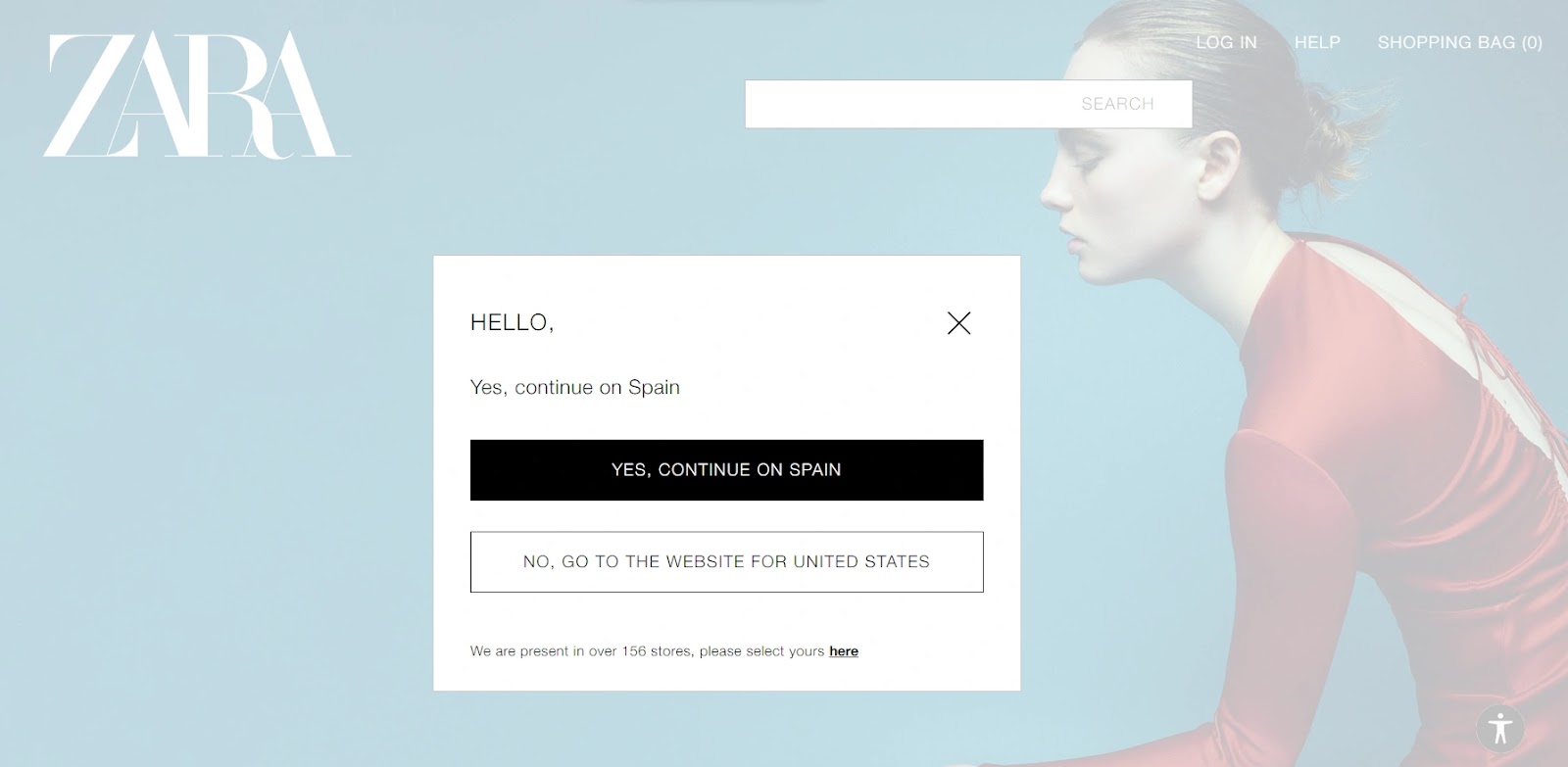 Pop up window on Zara's site asking users if they want to continue to Spain or go to the US site