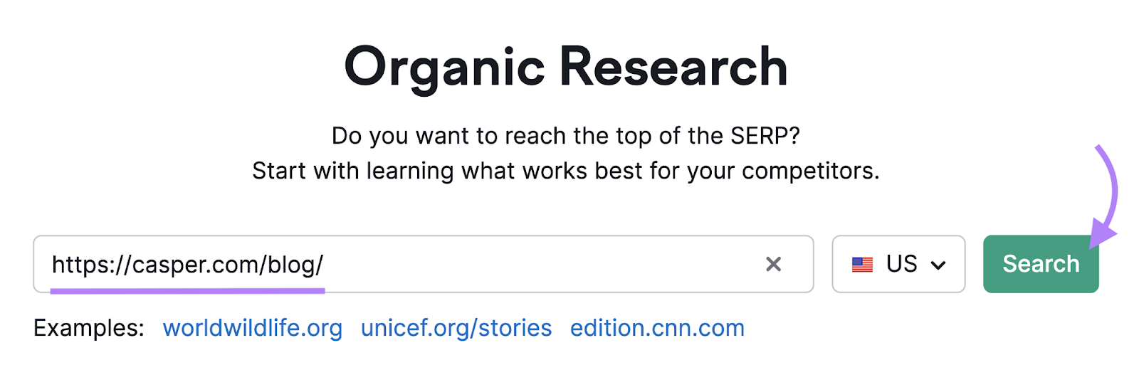 "https://casper.com/blog/" domain entered into the Organic Research tool search bar