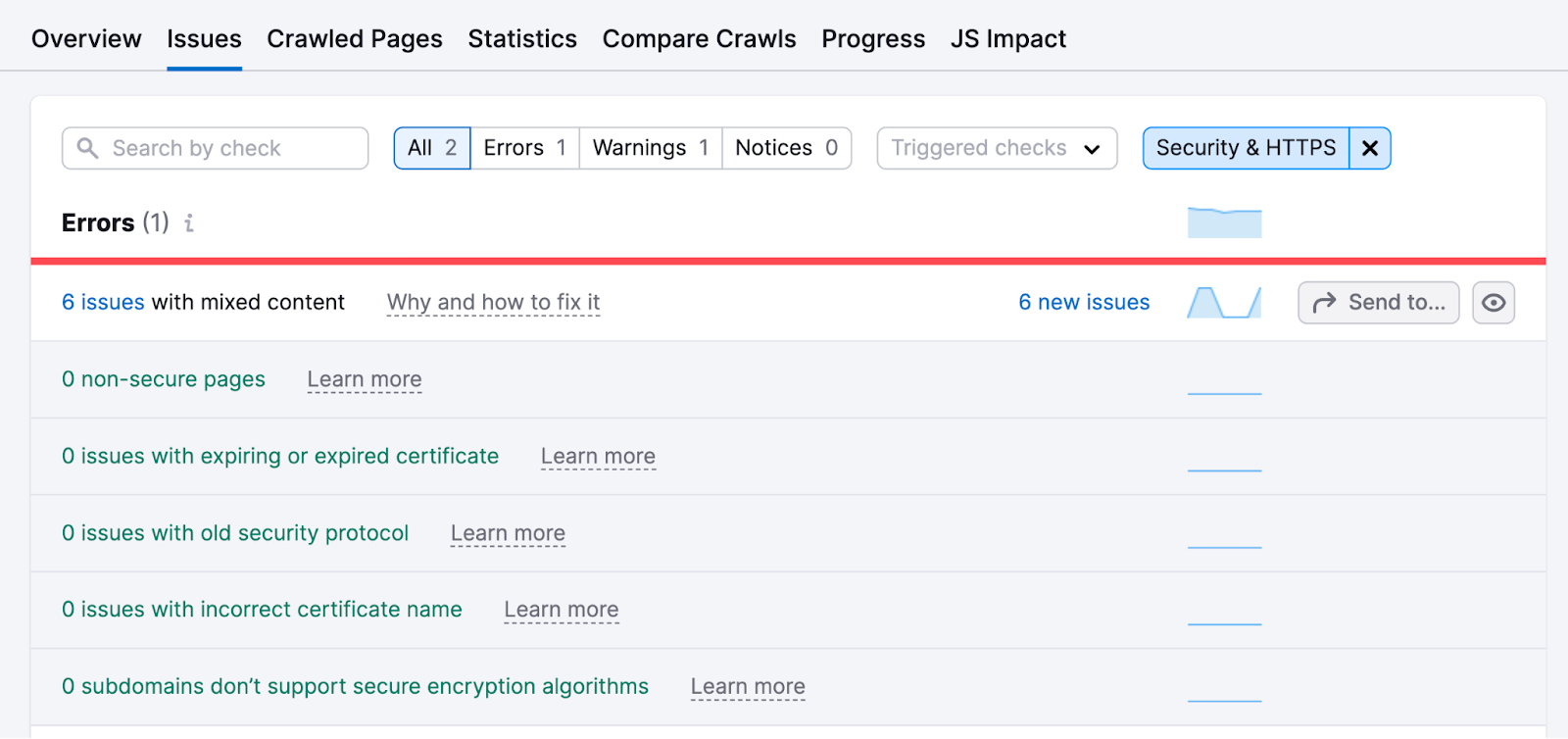 "Security and HTTPS" class  filter selected nether  the "Issues" tab successful  Site Audit