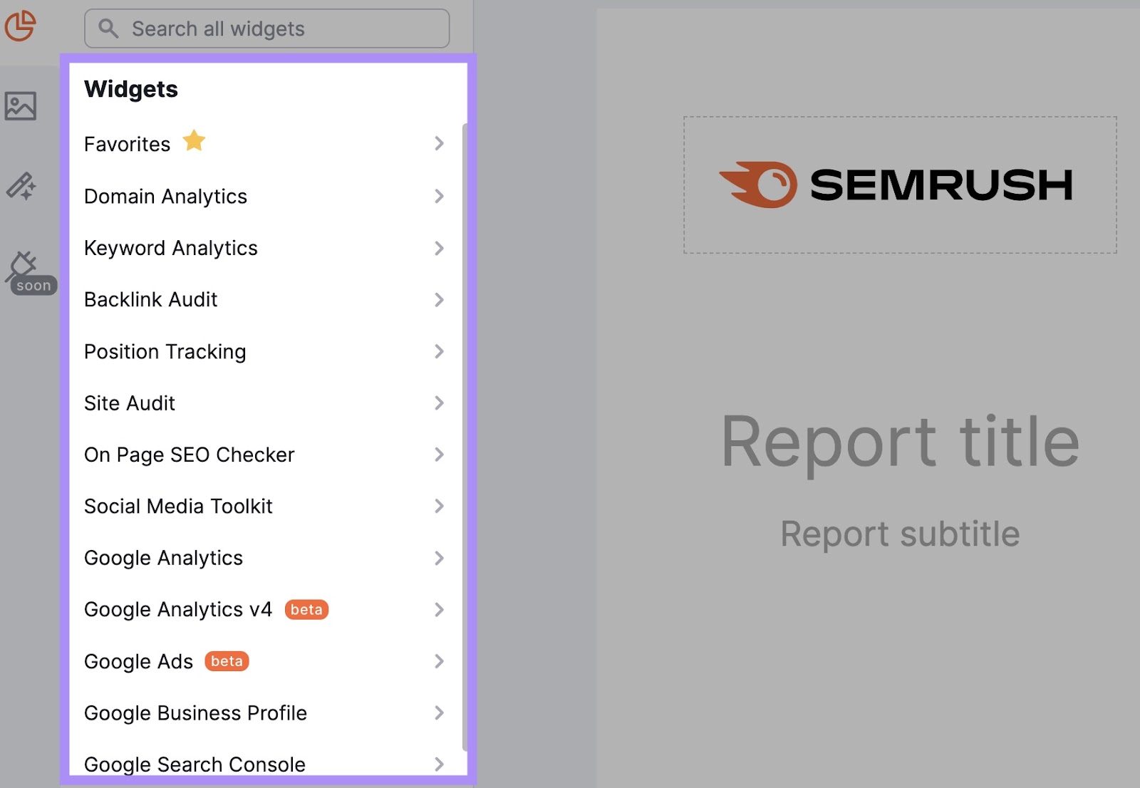 "Widgets" sidebar highlighted in Semrush’s My Reports