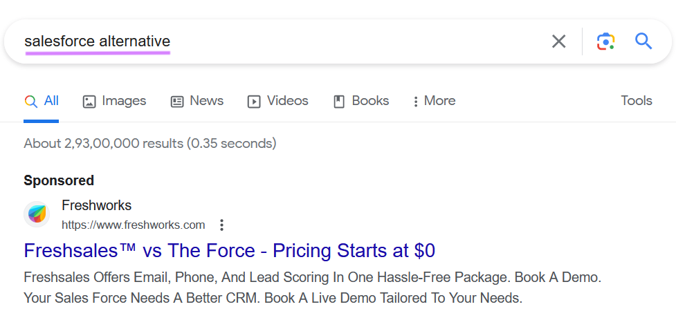 Freshworks's PPC search ad for “salesforce alternative" query