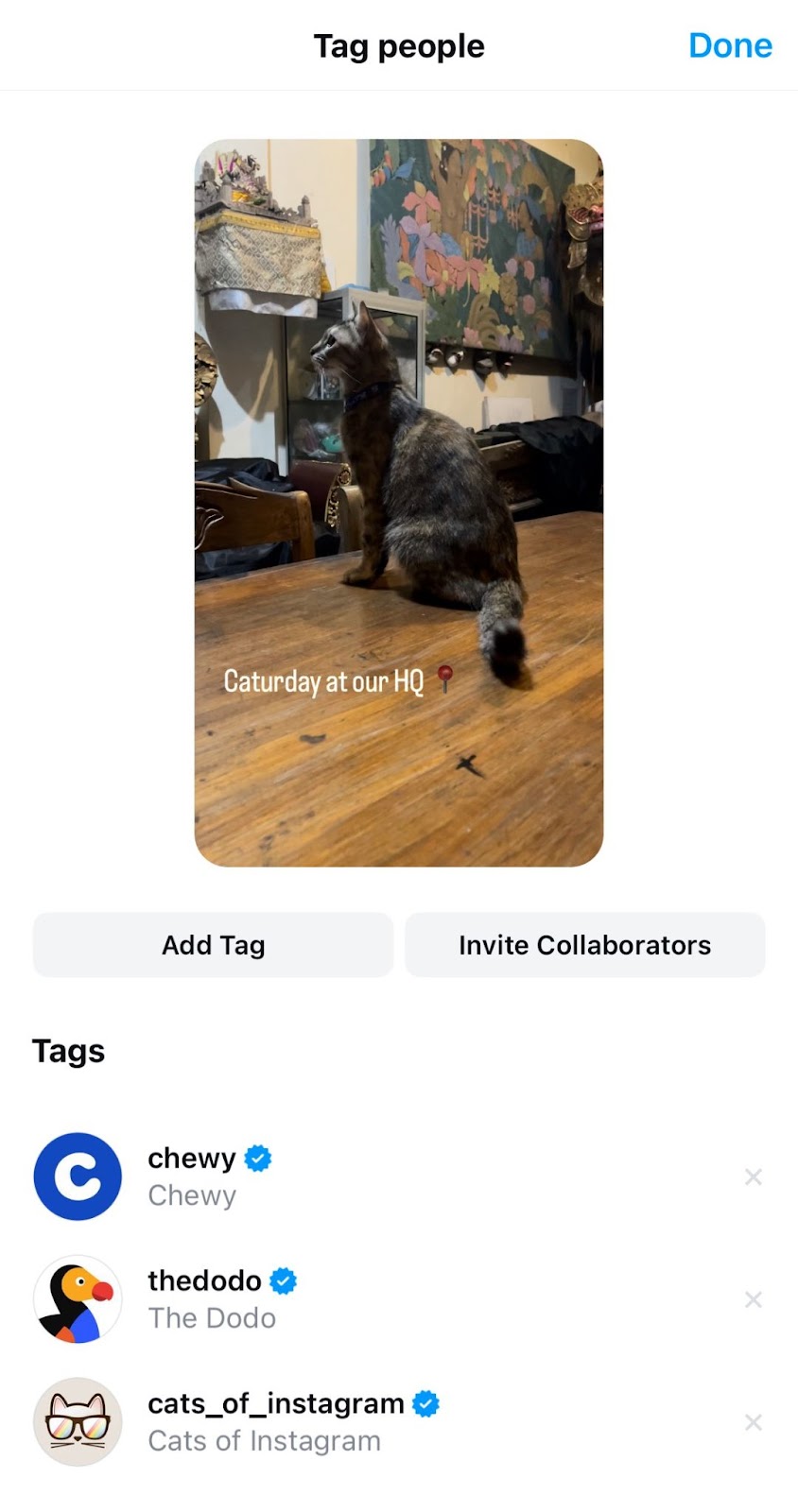 "Tag people" window for creating a new reel on Instagram with three relevant accounts tagged.