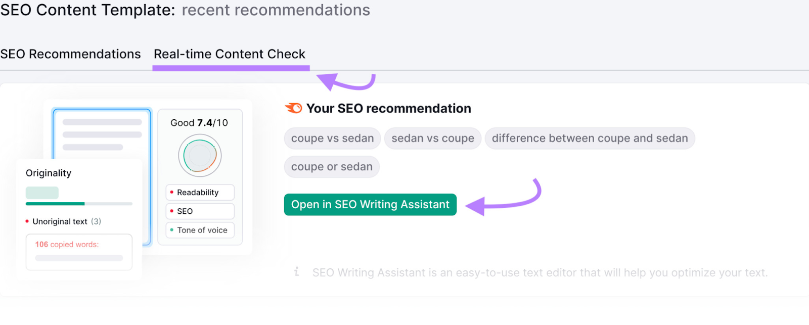 “Real-time Content Check" and “Open in SEO Writing Assistant” buttons highlighted