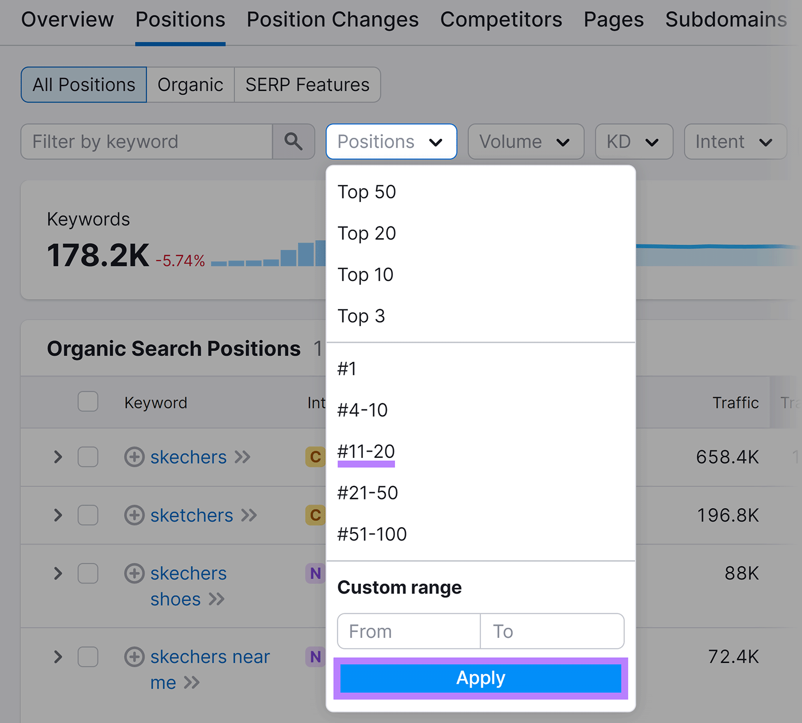 Positions filter opened, '11-20' option highlighted, and Apply button highlighted