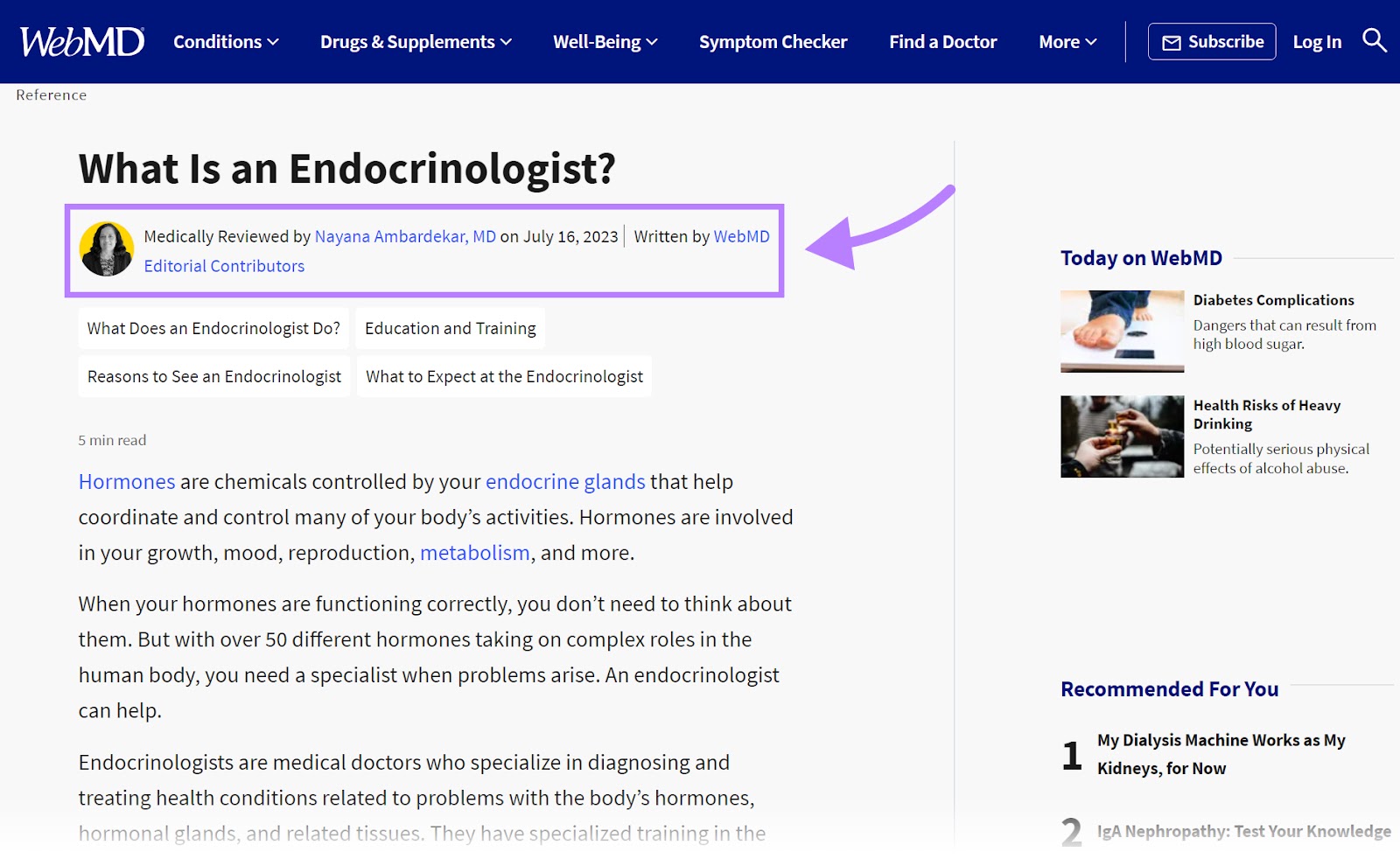 WebMD's article on "What is an endocrinologist?", reviewed by a doctor