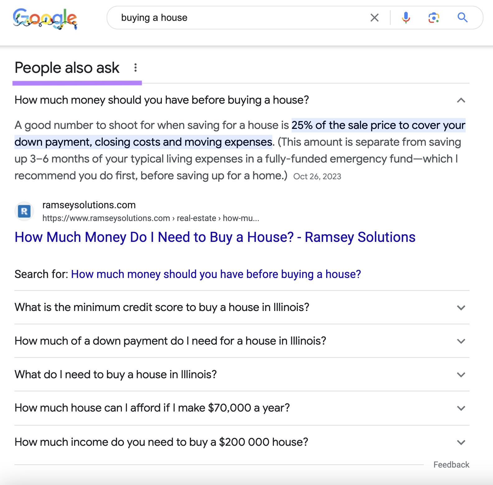 People Also Ask section on Google SERP for "buying a house" query