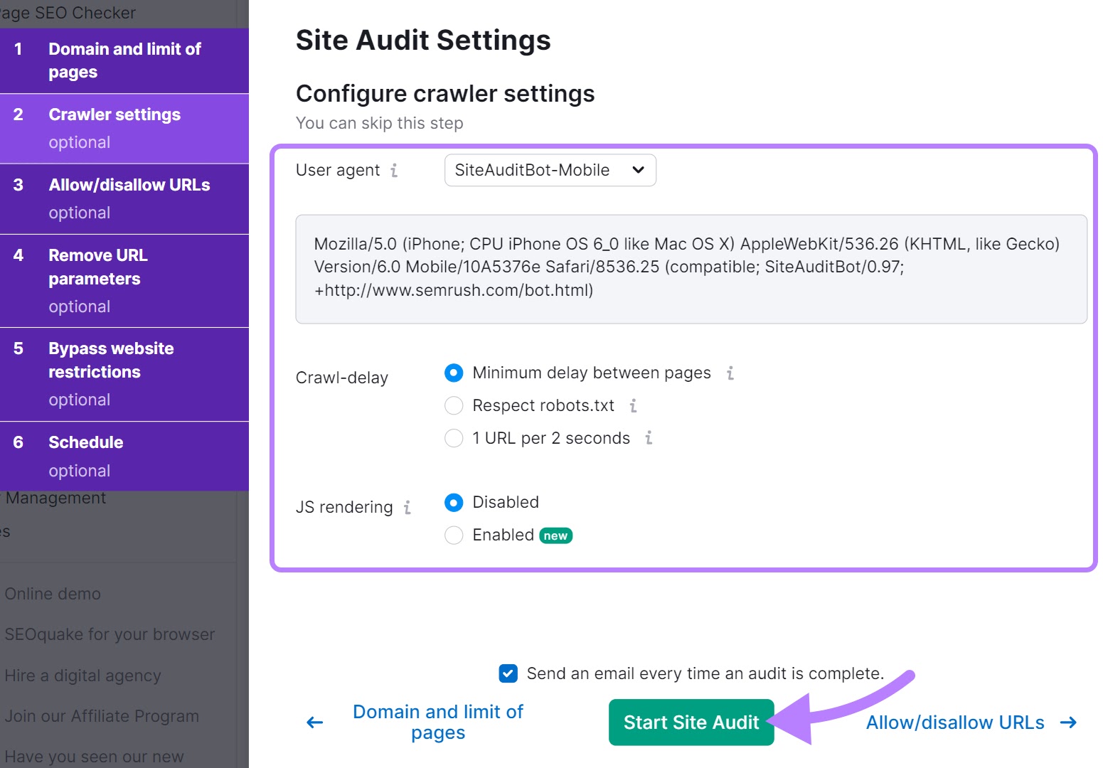 "Janela "Configurações de auditoria do site