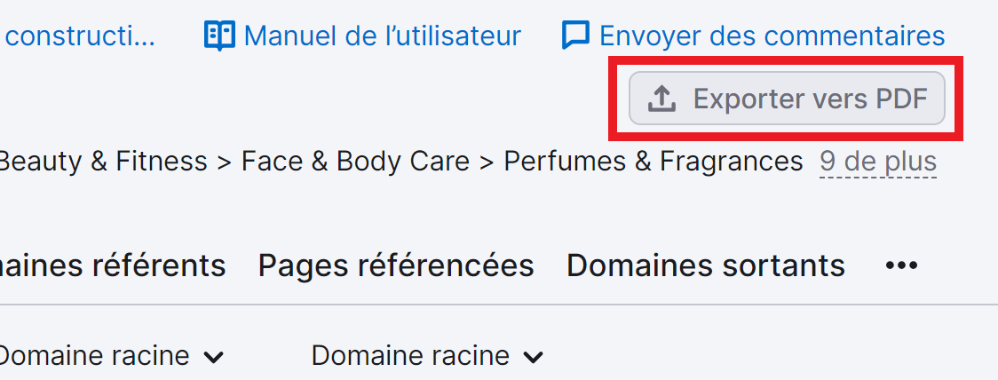 Exporter vers PDF dans Analyse de backlinks