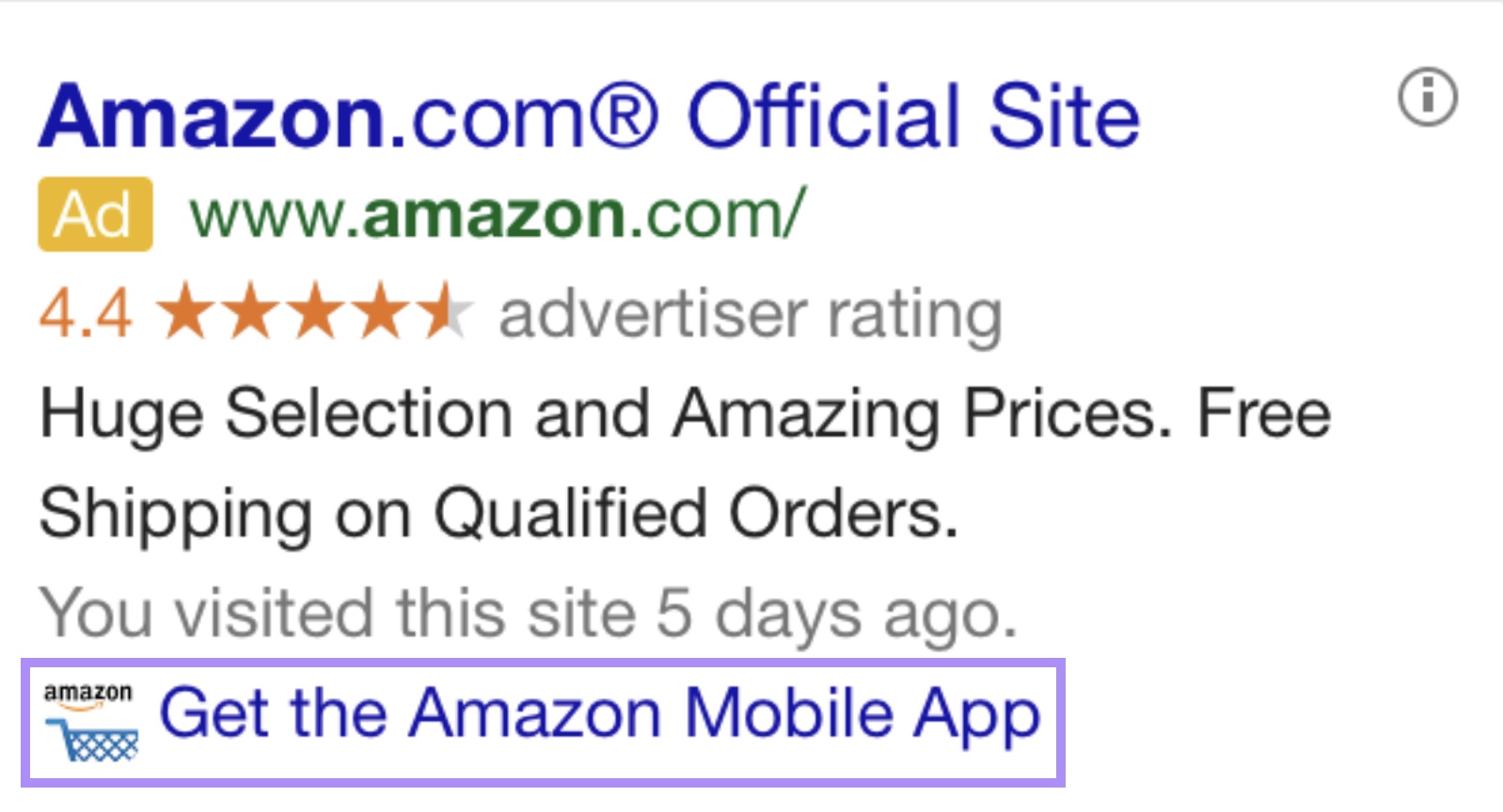 "Get the Amazon Mobile App" extension highlighted under Amazon's ad
