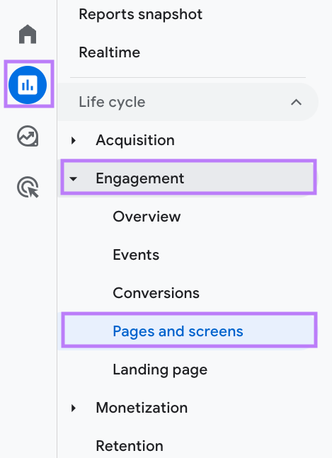Navigation to "Pages and screens" in Google Analytics menu