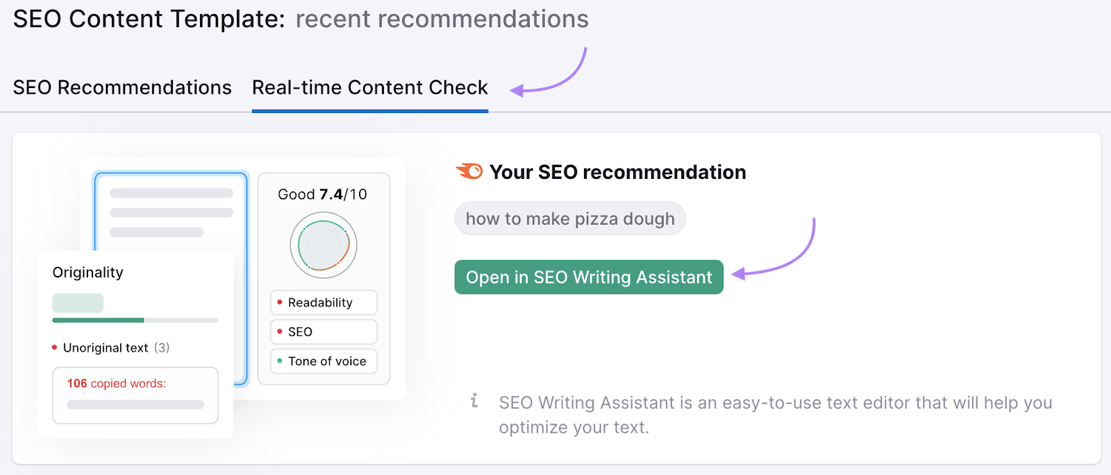 “Real-time Content Check” and “Open in SEO Writing Assistant” button highlighted