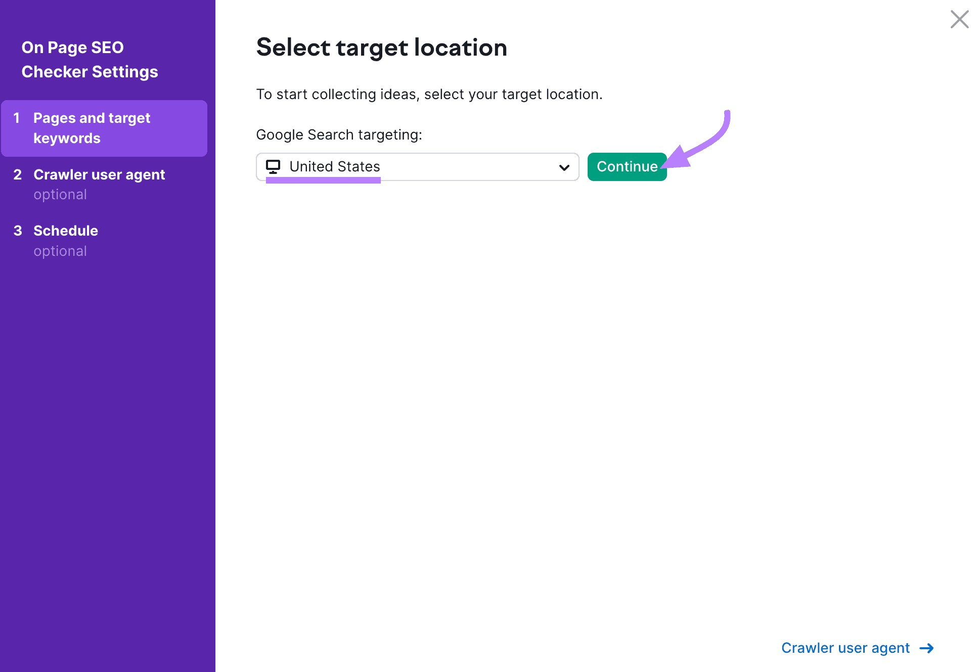 "Select target location" window in On Page SEO Checker Settings