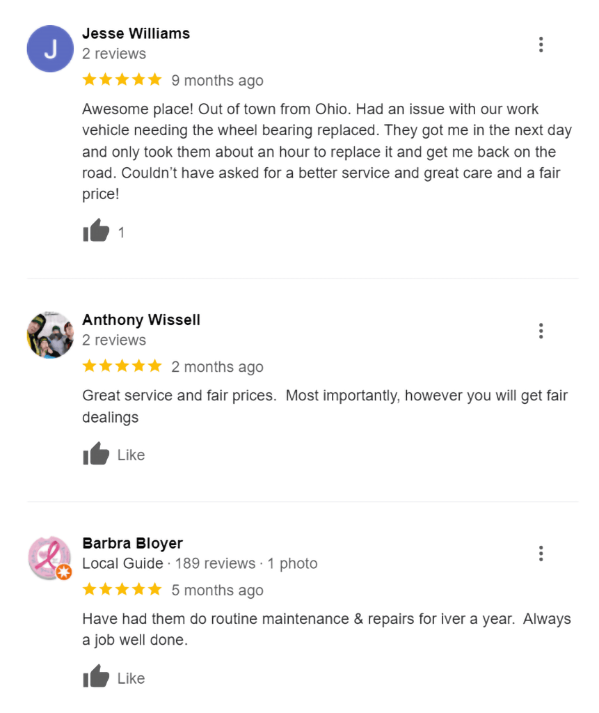 An example of positive Google reviews for an auto repair shop