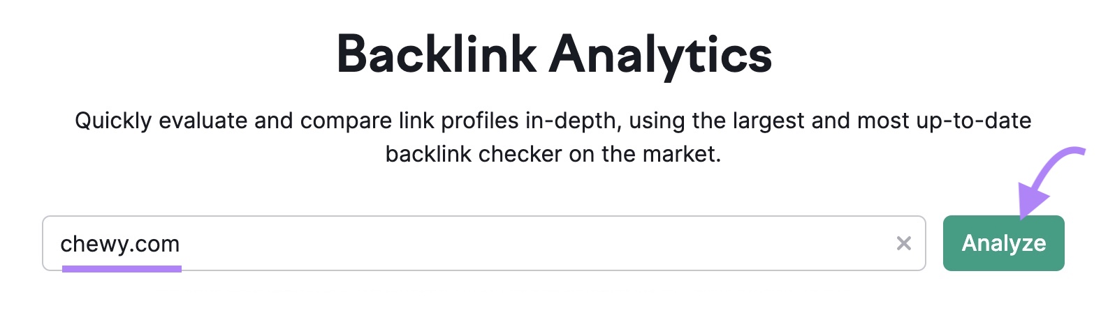 Backlink Analytics tool start with "chewy.com" entered as the domain and the "Analyze" button clicked.