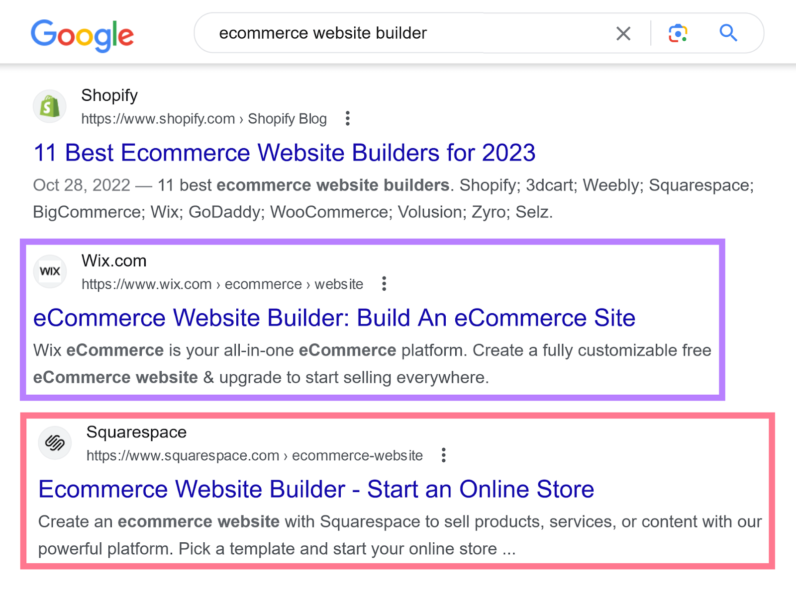 Google search for “ecommerce website builder” s،ws S،pify, Wix and Square،e in the first results