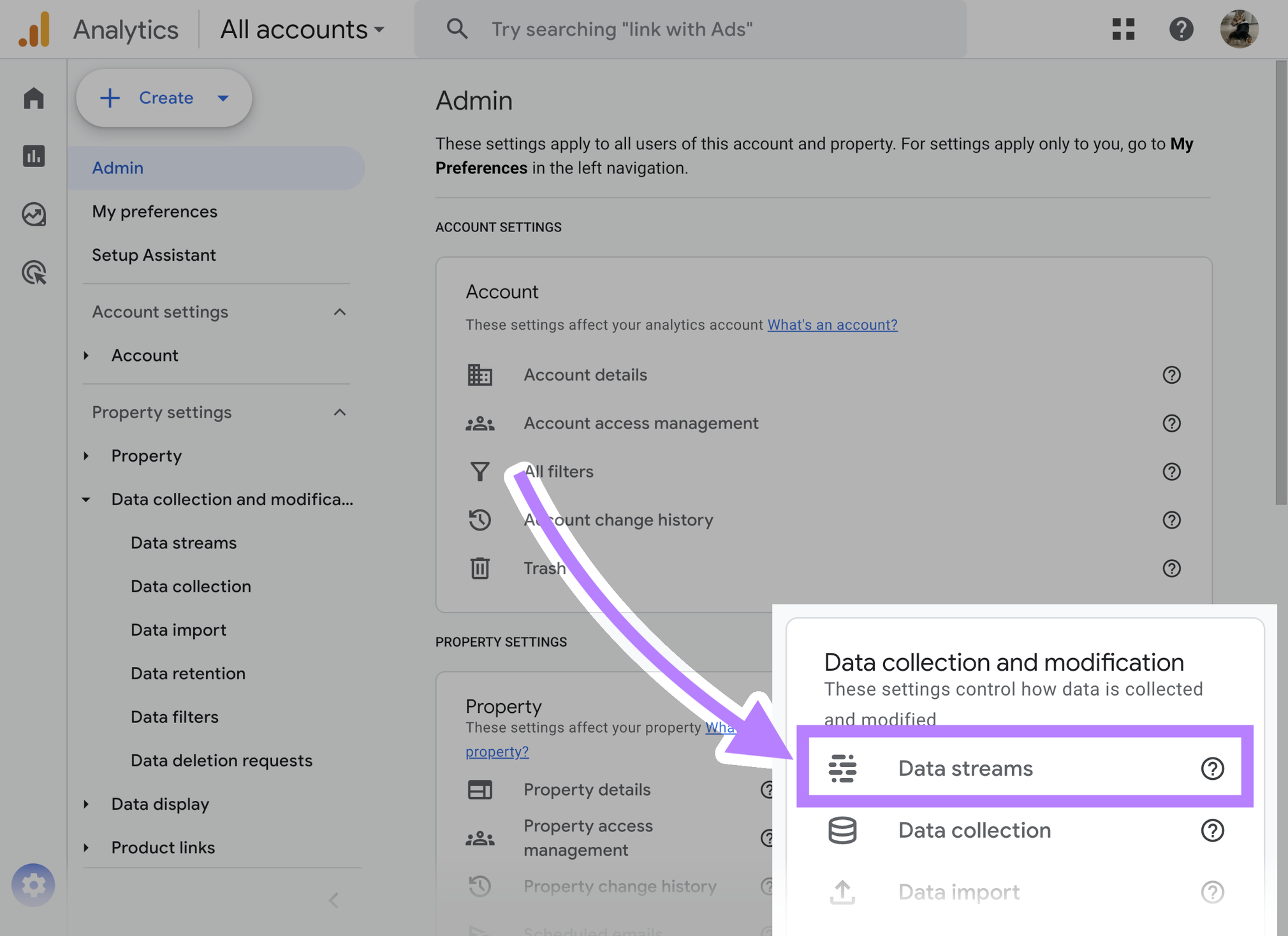 Data streams fastener  successful  admin settings of GA4