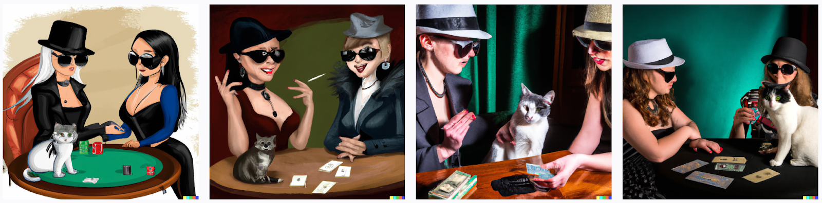 DALL-E 2 results for “A female gangster wears a fedora, a cat wears sunglasses, they talk around a poker table” prompt