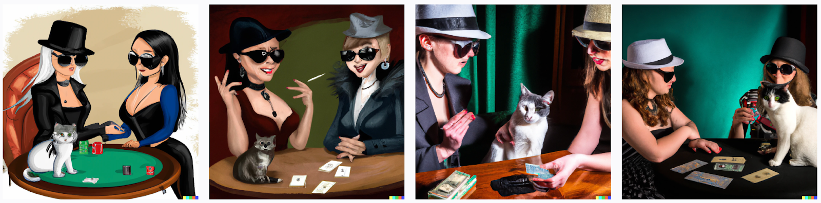 DALL-E 2 results for “A female gangster wears a fedora, a cat wears sunglasses, they talk around a ***** table” prompt