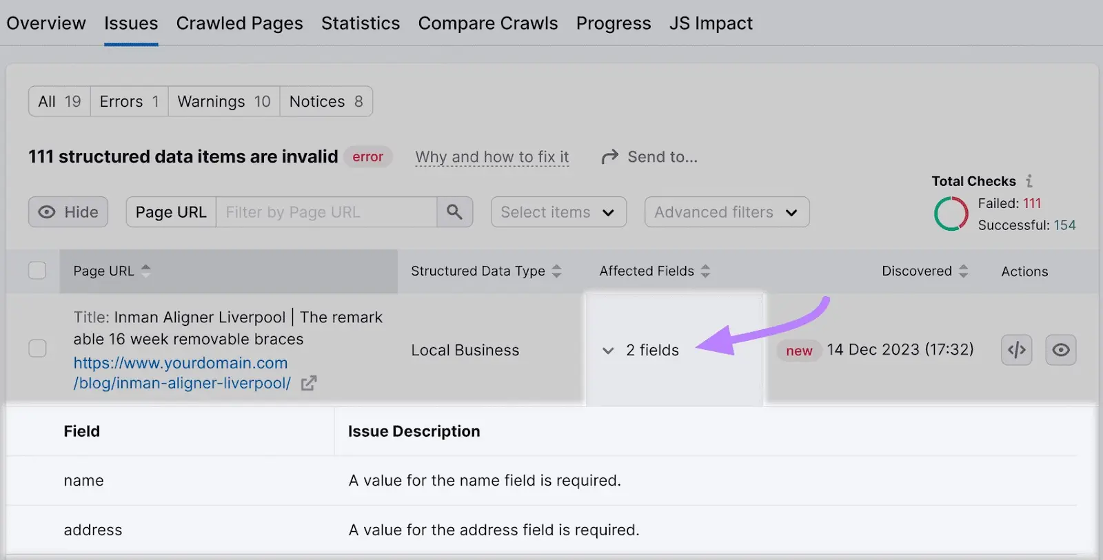 affected fields for structured data issues