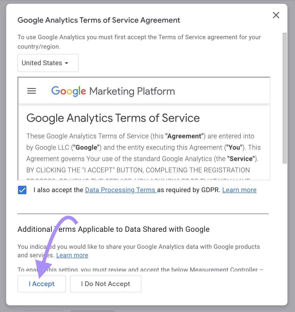 Accept Google Analytics position of activity agreement