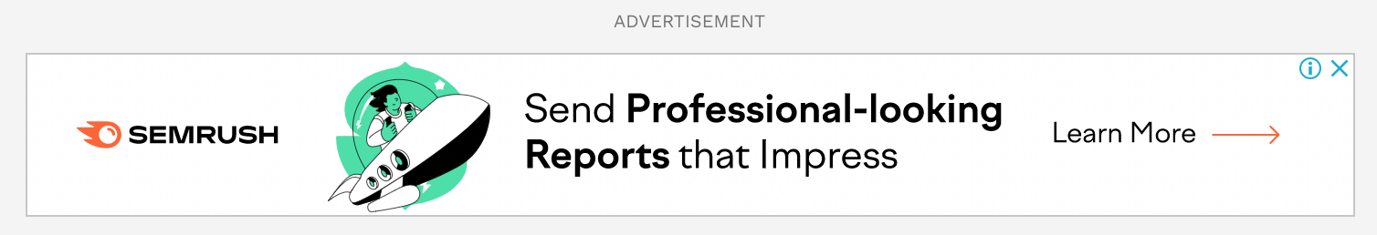 Semrush's ad with "Send Professional-looking Reports that Impress" copy