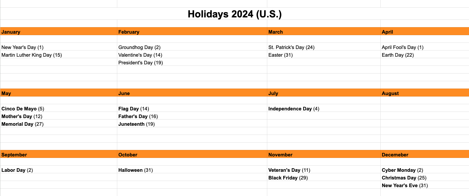 preview of a holiday calendar in sheets