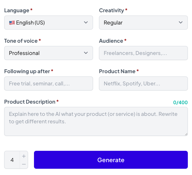 "Language," "Creativity," "Tone of voice," "Audience," "Following up after," "Product name," and "Product description" fields in AI Writing Assistant