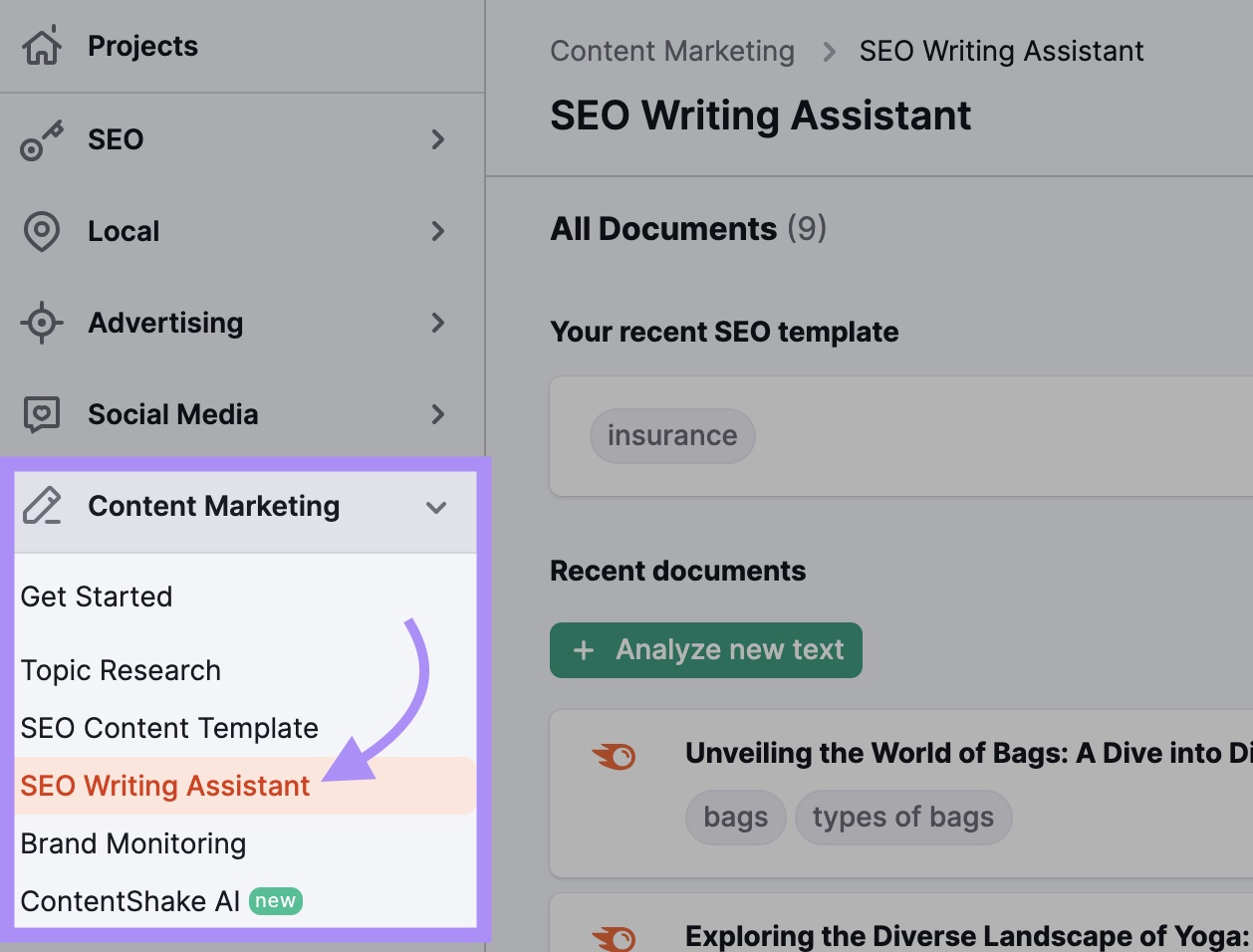 Navigating to SEO Writing Assistant in Semrush dashboard