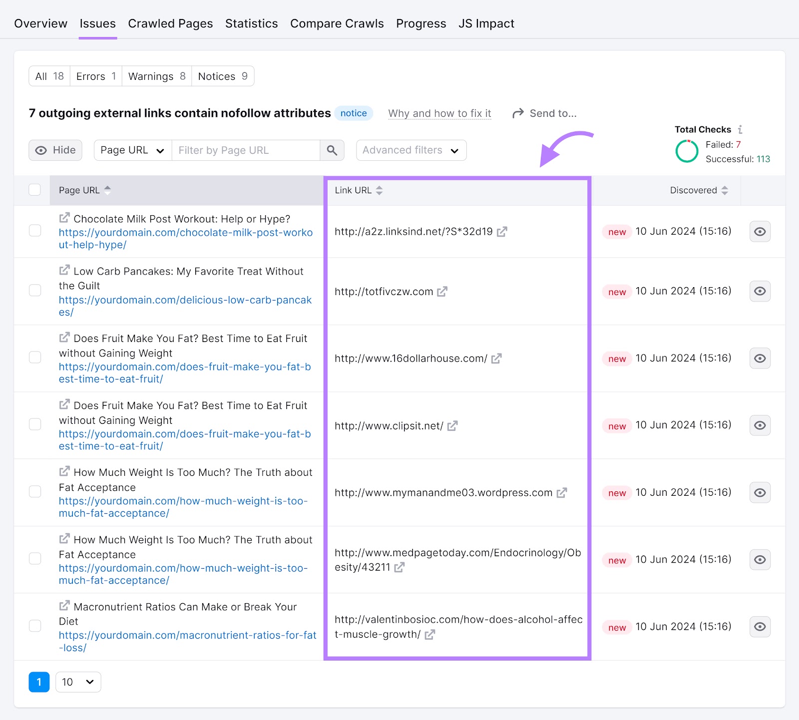 Site Audit tool "7 outgoing external links contain nofollow attributes" page with the "Link URL" column highlighted