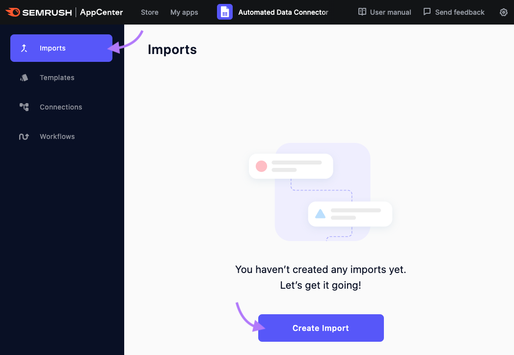 “Imports” selected from the Automated Data Connector sidebar