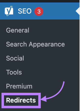 “Redirects” selected from the WordPress sidebar