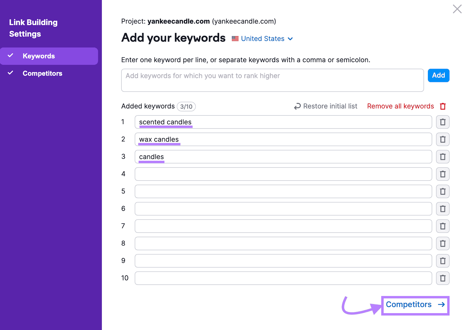 "Add your keywords" window in Link Building Settings