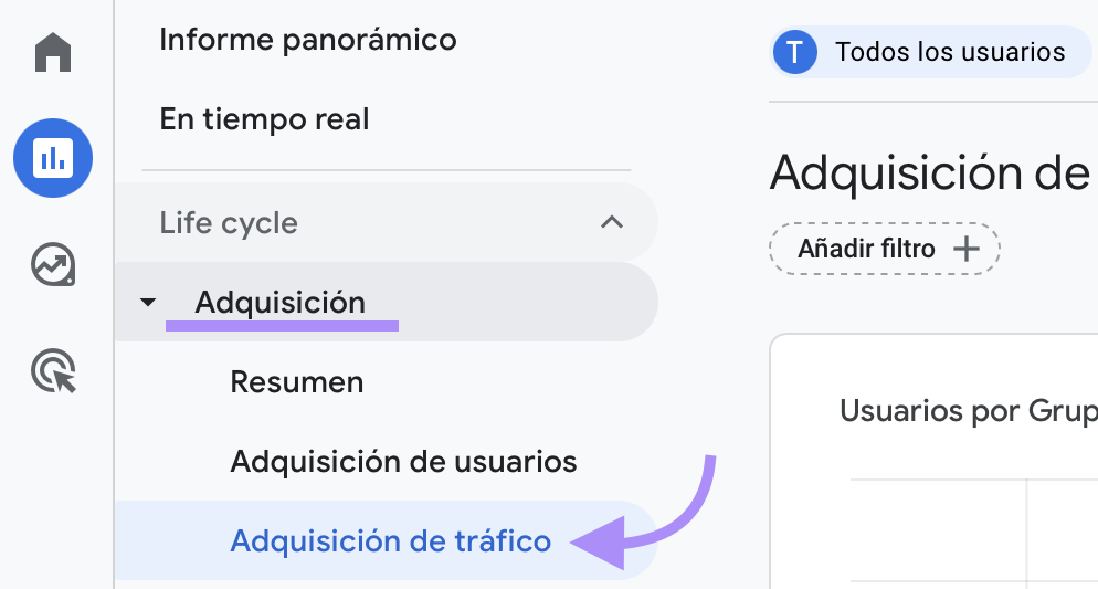 Expande el área de informes "Adquisición" y haz clic en "Adquisición de tráfico"