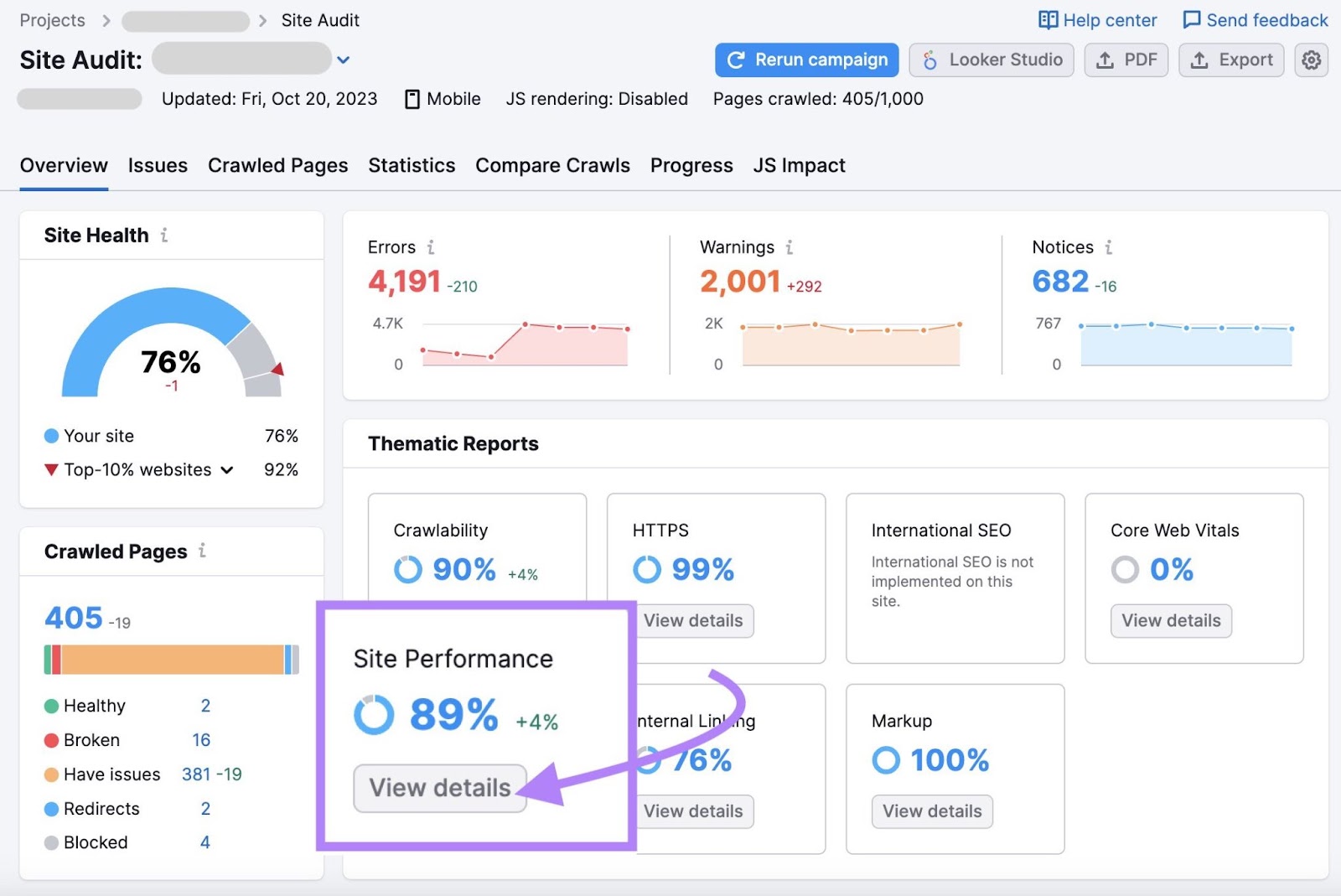 “Site Performance” widget highlighted in Site Audit dashboard